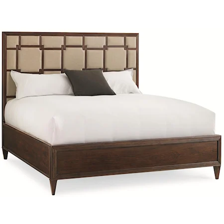 Queen Size "Sleep Pattern" Bed with Linen Upholstered Headboard and Reed Carved Pattern Detailing